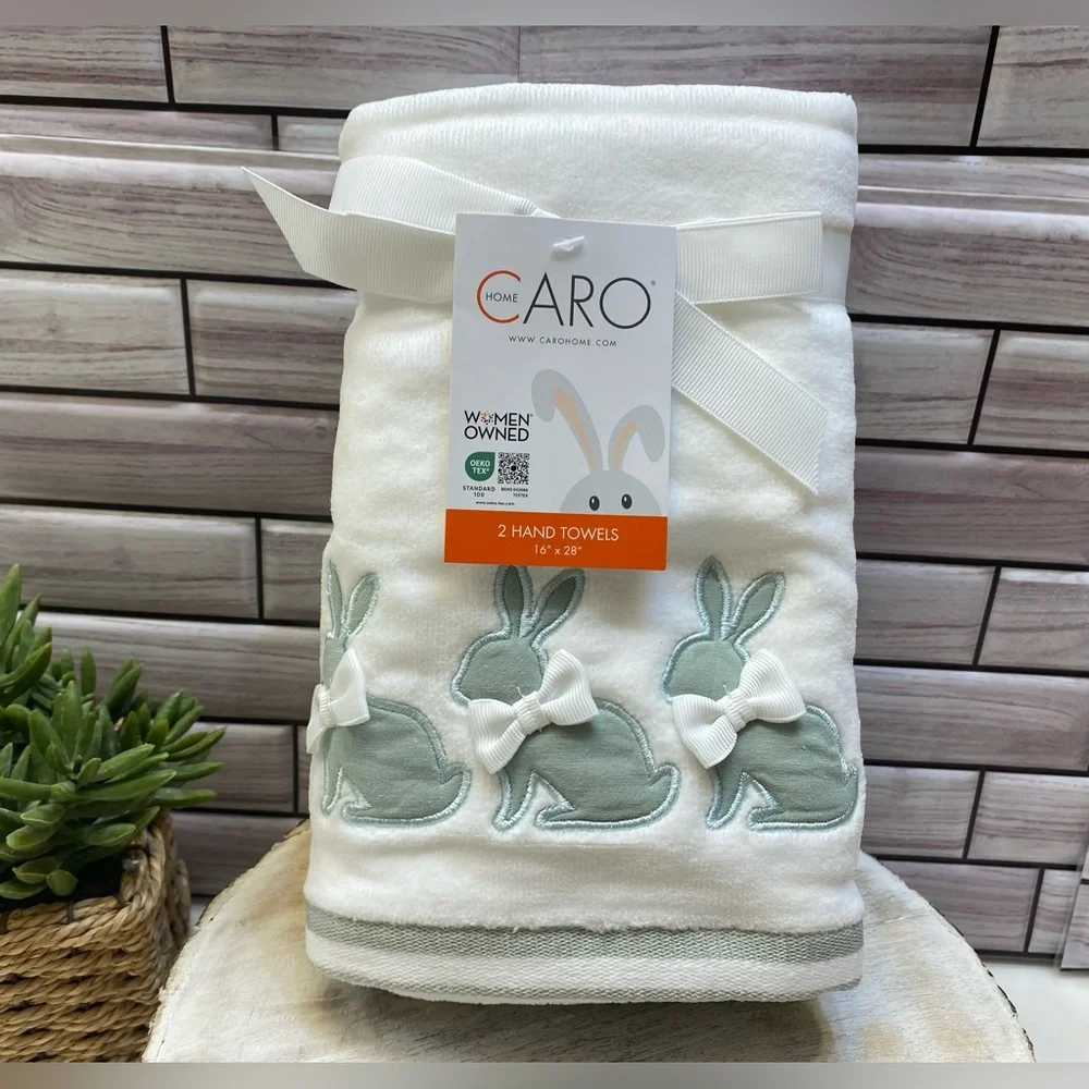 CARO HOME ❤️ 2pk Hampshire Bunny With Bow Cotton Hand Towels NWT